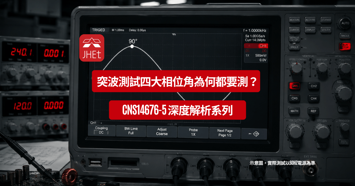 突波抗擾度測試、CNS14676-5、IEC61000-4-5、相位角、L-N模式、L-PE模式、EMC認證